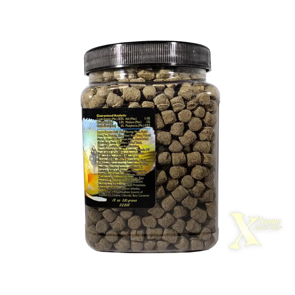 Container of fish food pellets.