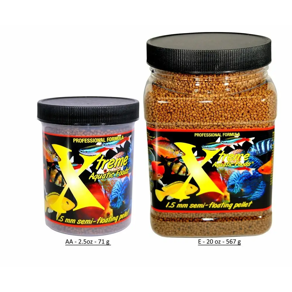 Containers of fish food pellets.