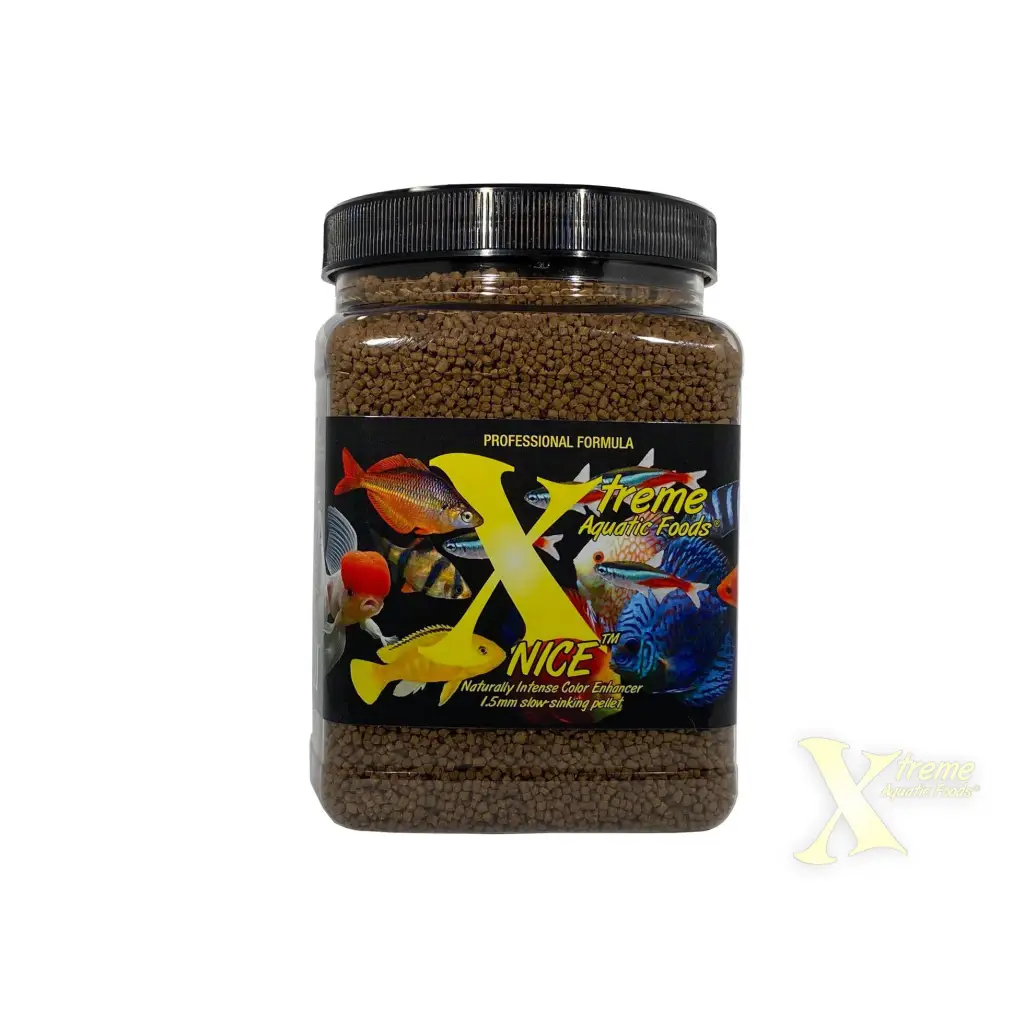 Jar of fish food pellets.