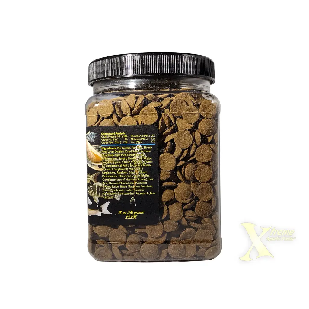 Jar of fish food pellets.