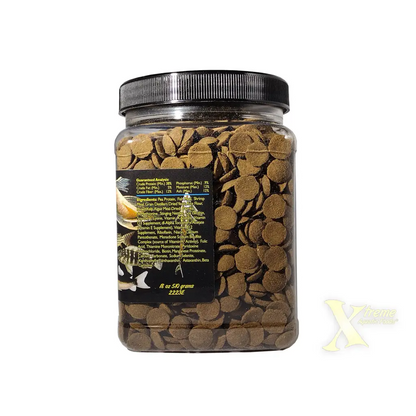Jar of fish food pellets.