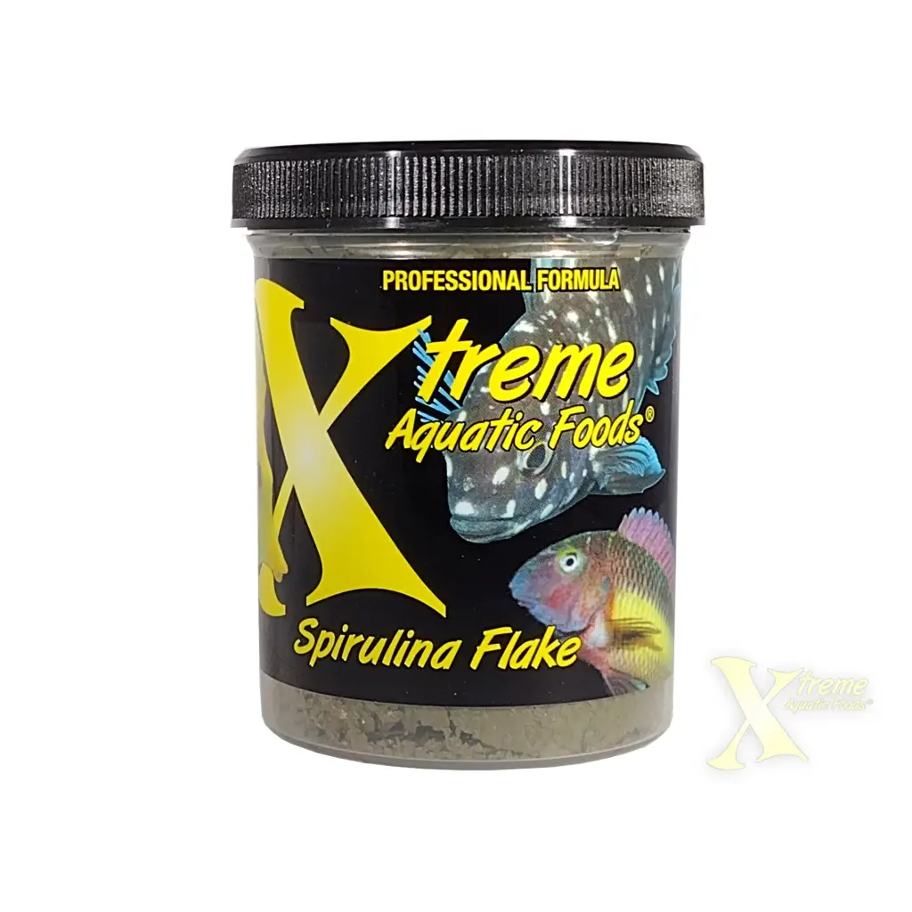 Container of spirulina flake fish food.