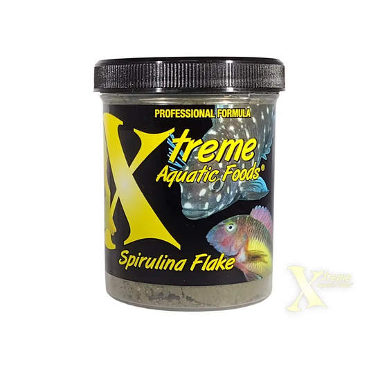 Container of spirulina flake fish food.