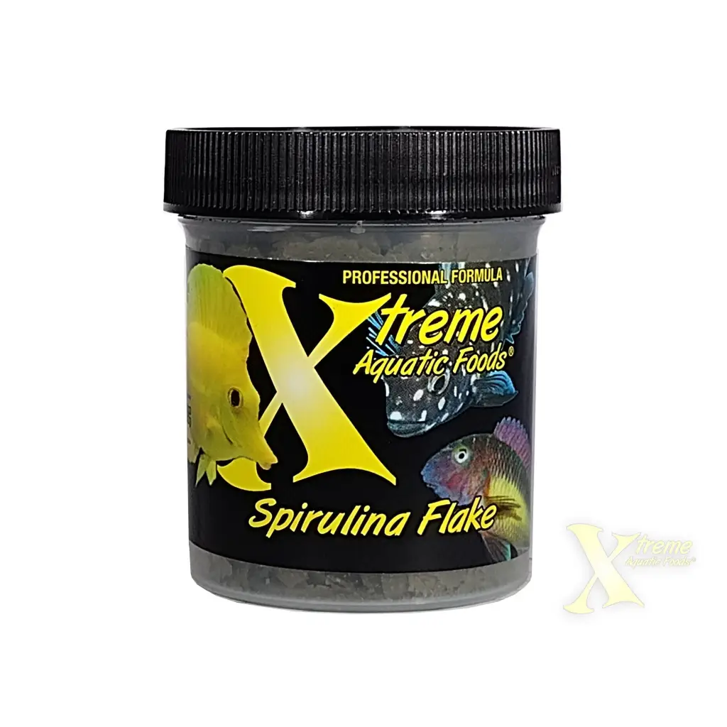 Container of spirulina flake fish food.