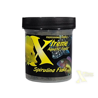 Container of spirulina flake fish food.