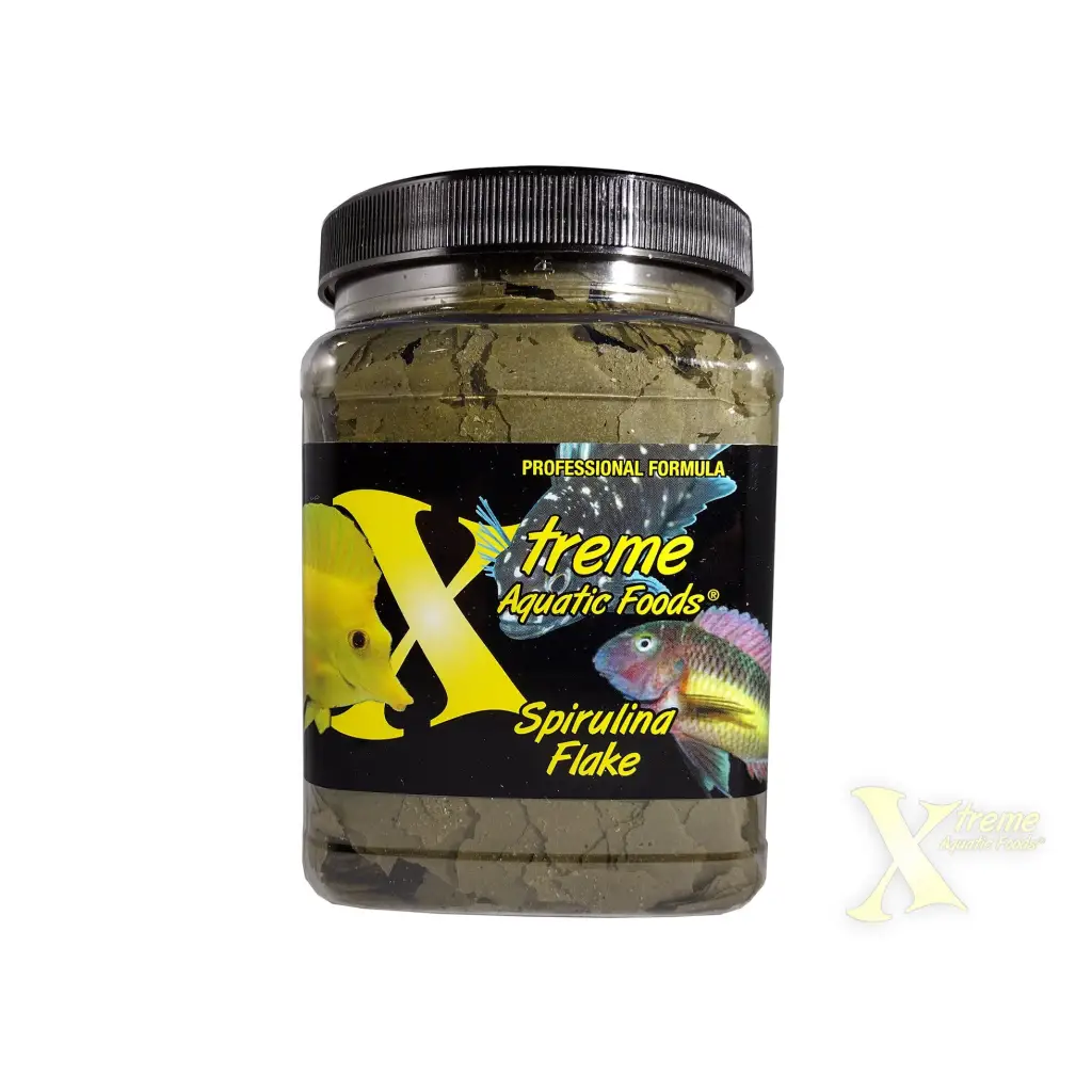 Jar of spirulina flake fish food.