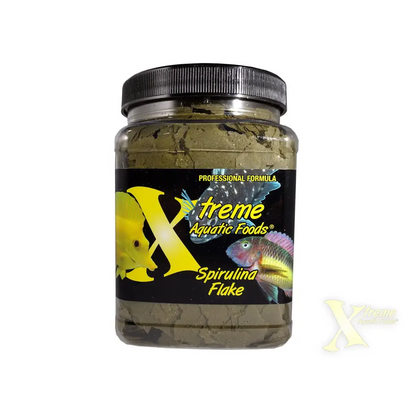 Jar of spirulina flake fish food.