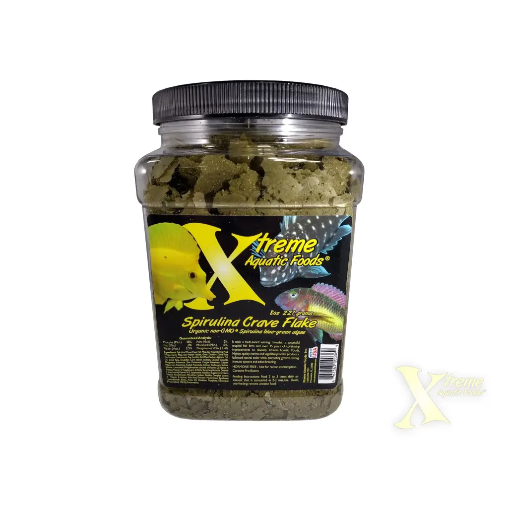 Container of spirulina crave flake fish food.