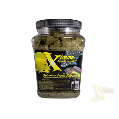 Container of spirulina crave flake fish food.