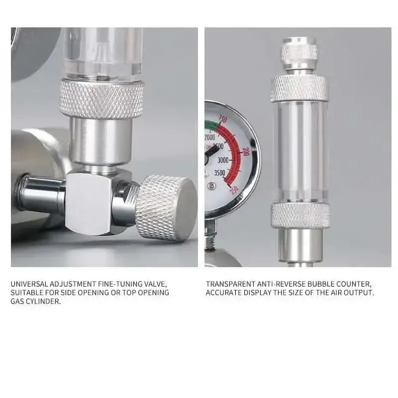 A gas cylinder regulator with a fine-tuning valve, pressure gauge, and anti-reverse bubble counter.