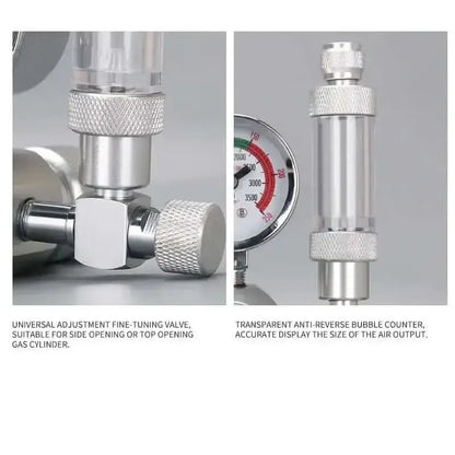 A gas cylinder regulator with a fine-tuning valve, pressure gauge, and anti-reverse bubble counter.
