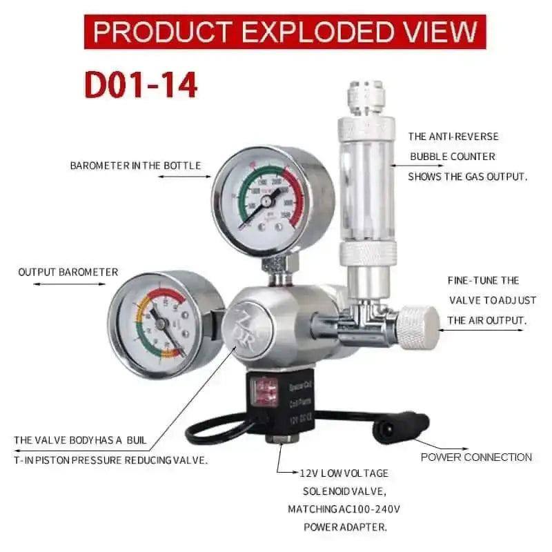 A CO2 regulator for aquariums with dual pressure gauges, a bubble counter, and a solenoid valve.