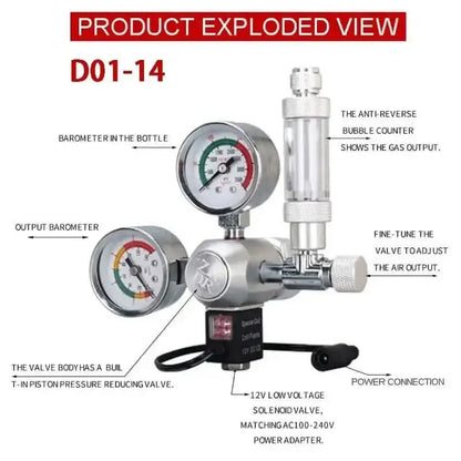 A CO2 regulator for aquariums with dual pressure gauges, a bubble counter, and a solenoid valve.
