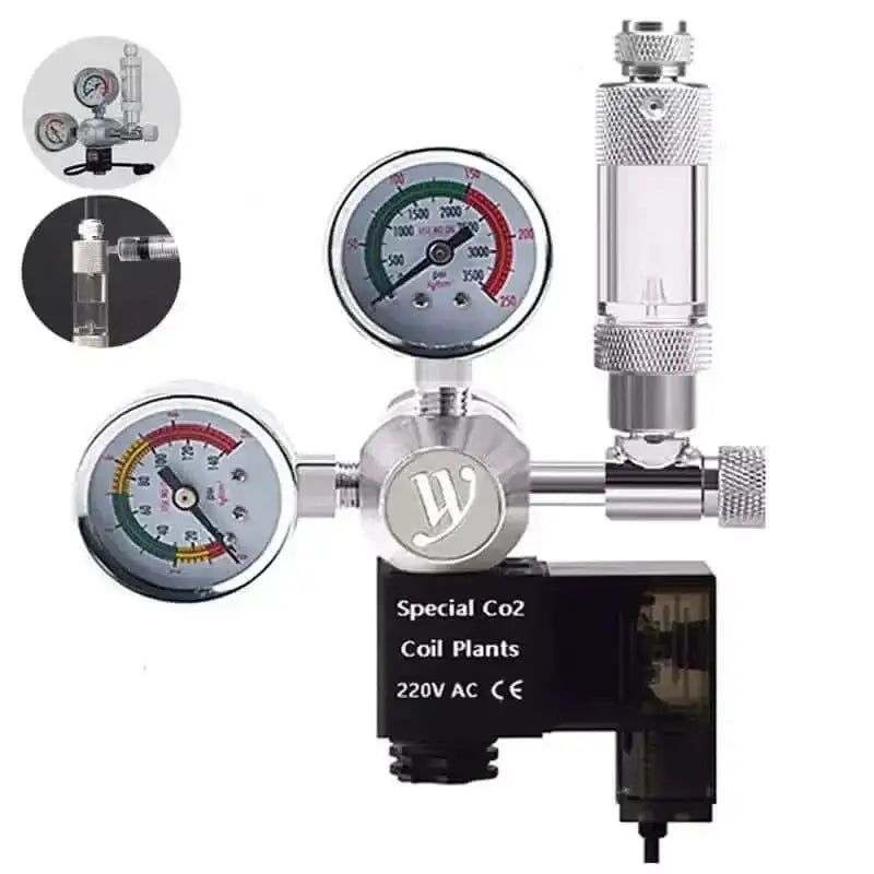 CO2 regulator with dual gauges and solenoid for aquarium plants