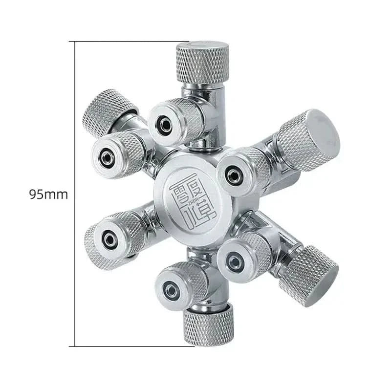 Silver metal multi-port valve.